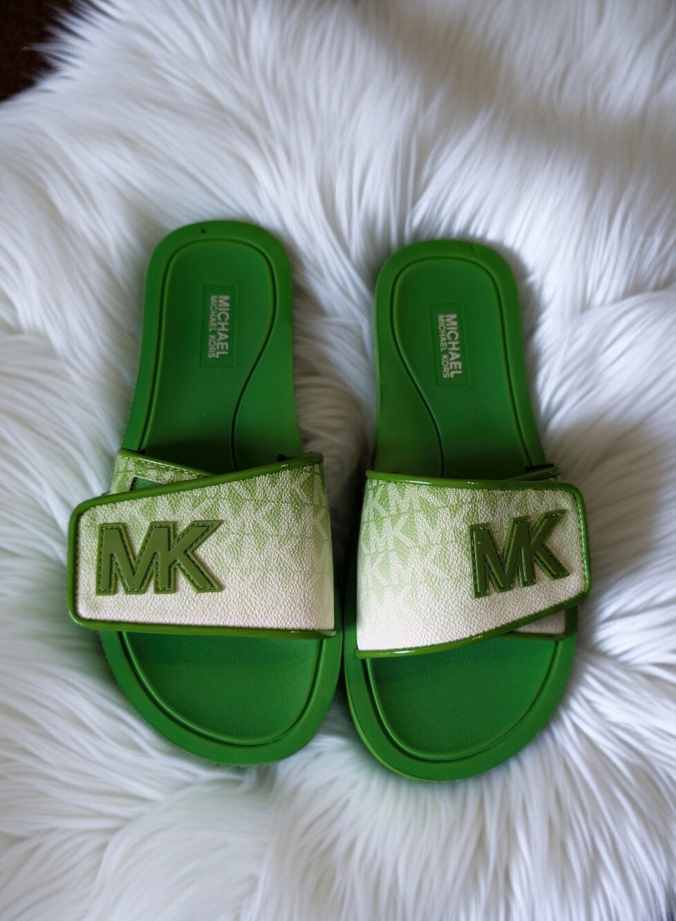 Michael Kors Palmer Ombré Signature Logo Slide Sandals in the Jungle Green color